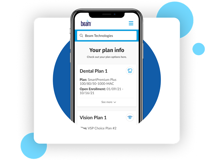 iPhone running Beam app page showing "Your plan info" example